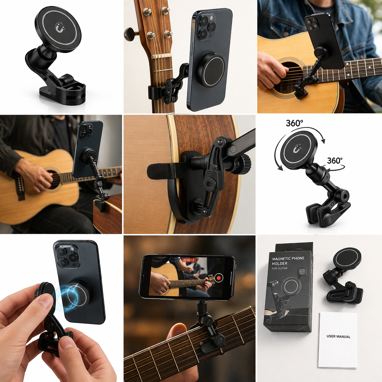 Support téléphone guitare et voiture magnétique 360°